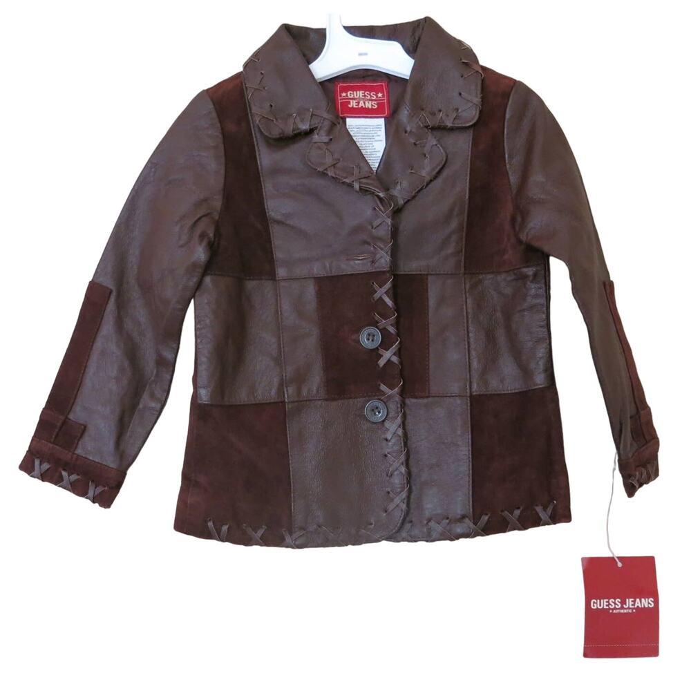 VINTAGE GUESS *NWT* Leather Jacket Size 4 Girl Cowgirls Western Button Brown Y2K